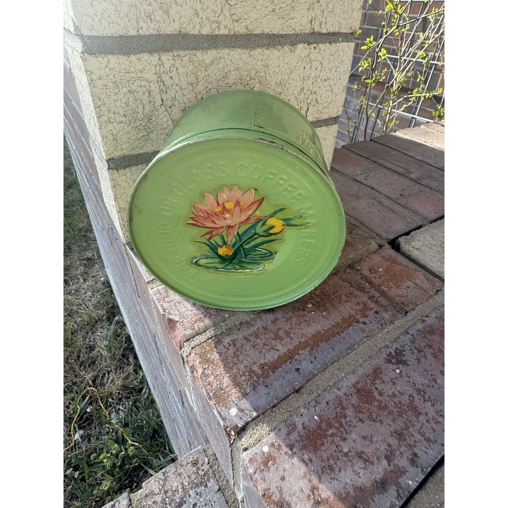 Vintage Drip Grind Coffee Tin Mint Green Hand Painted Floral Cottage Core